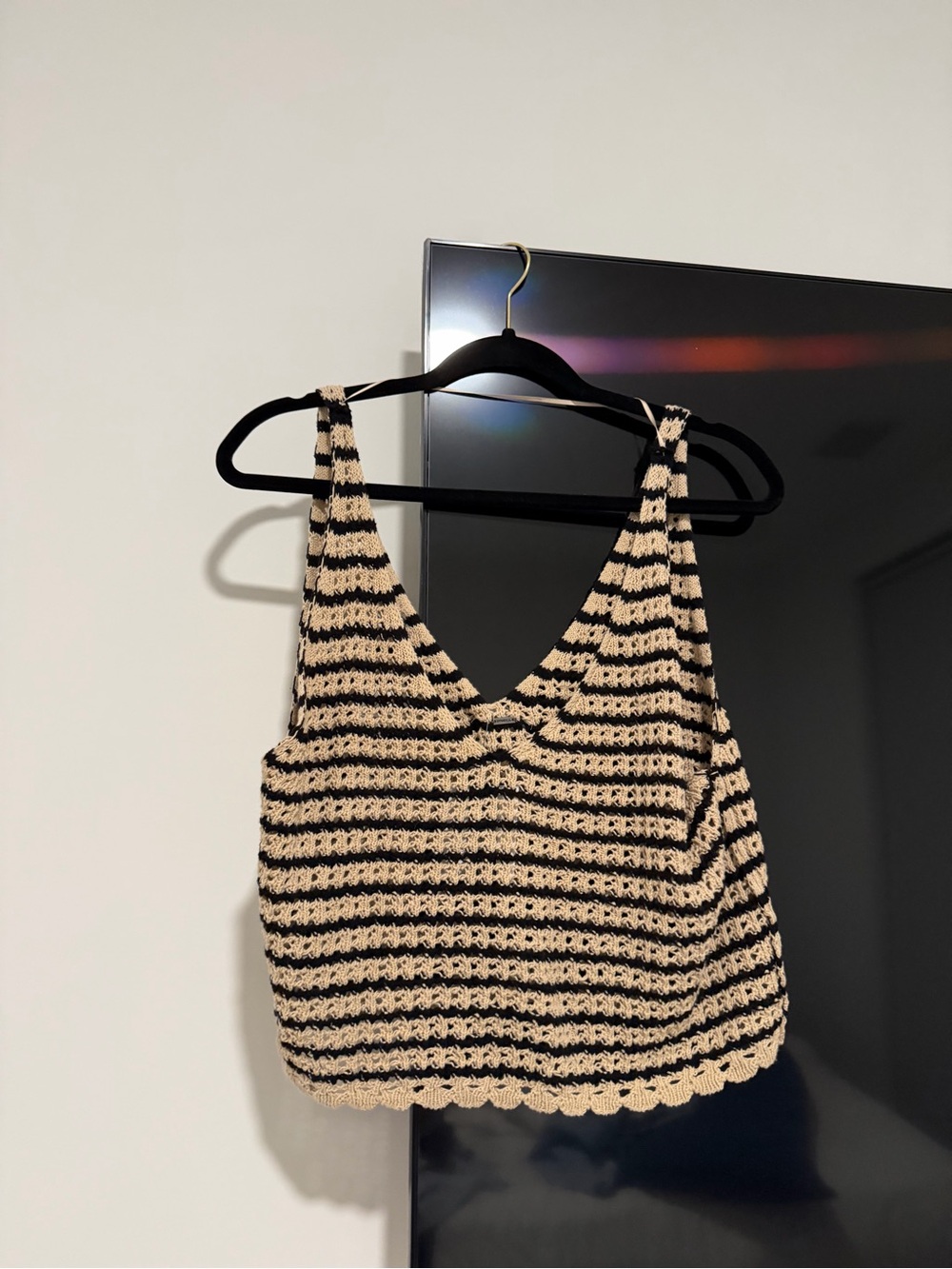 T.J.Maxx Black & Cream Striped Crochet V-Neck Tank